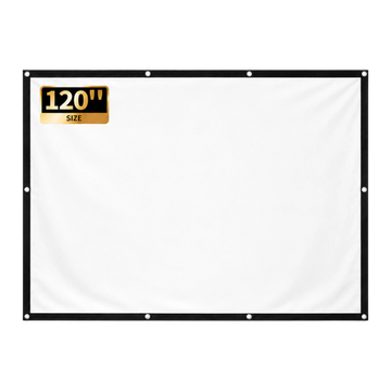 Zoomly 100-inch portable projection screen, blank white 16:9 fabric with black border and metal grommets.