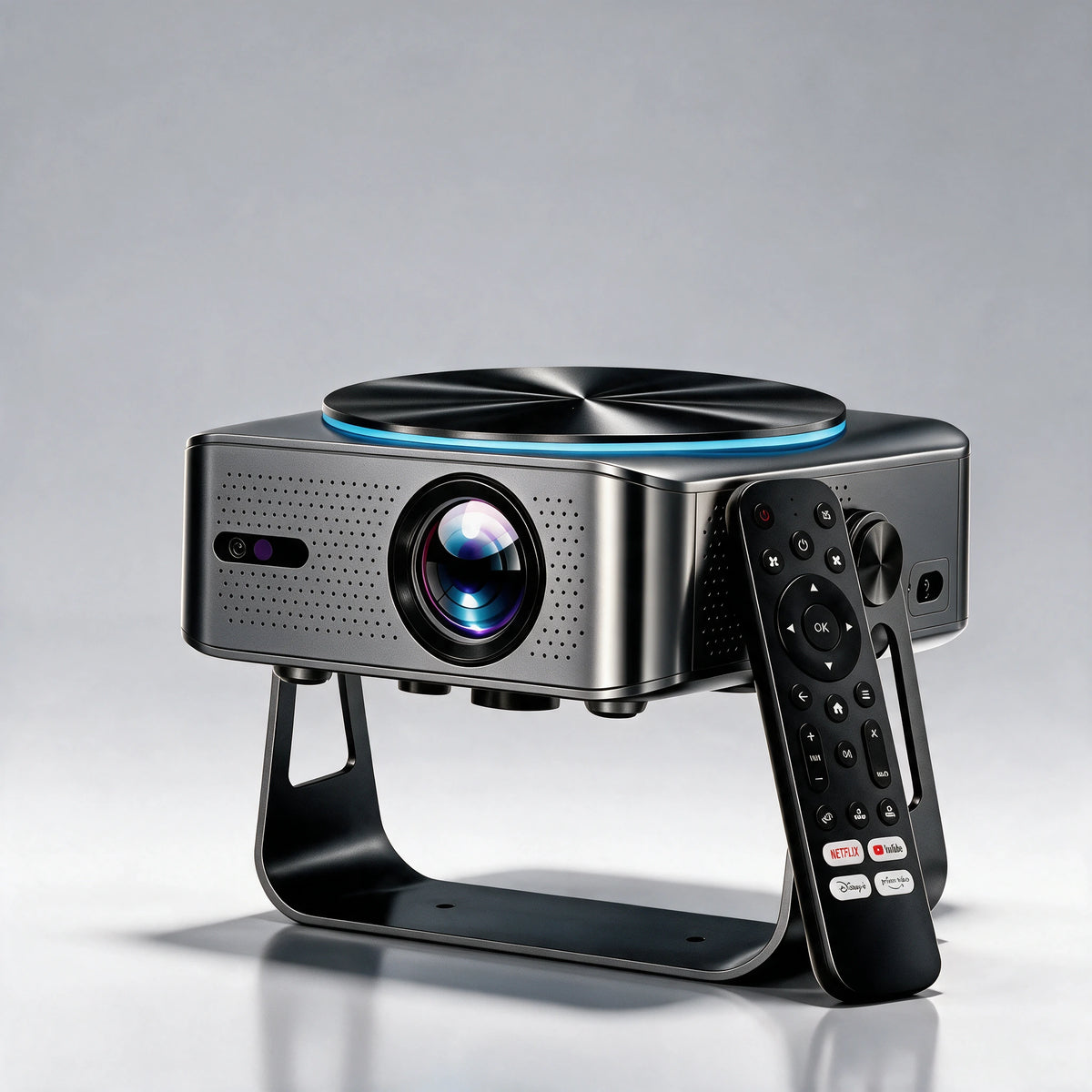 Zoomly Pro Elite native 4K smart projector in black on its 360-degree rotating stand with backlit remote control