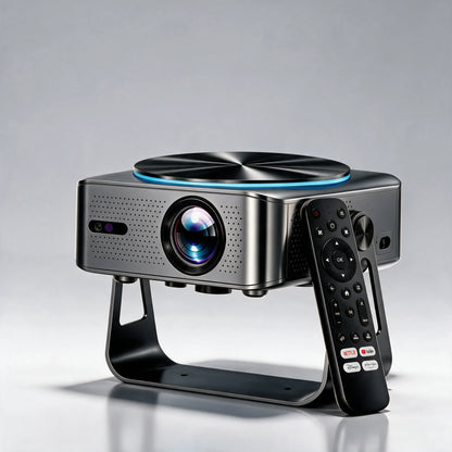 Zoomly Pro Elite native 4K smart projector in black on its 360-degree rotating stand with backlit remote control